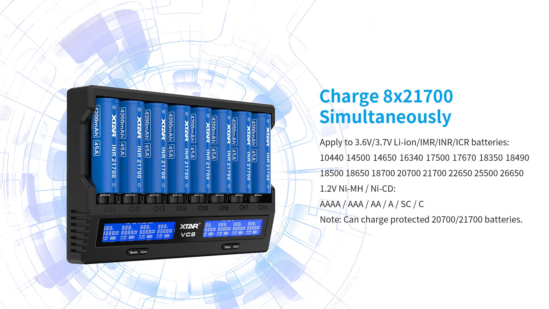 XTAR VC8 Fast Battery Charger for 8 x Li-ion Batteries